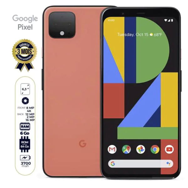 Google Pixel 4XL - 6,3" - 64Go - 6Go RAM - 12.2MP/8MP - ( Nano-SIM et eSIM ) - 3700mAh (Occasion comme neuf) - Garantie 3 Mois