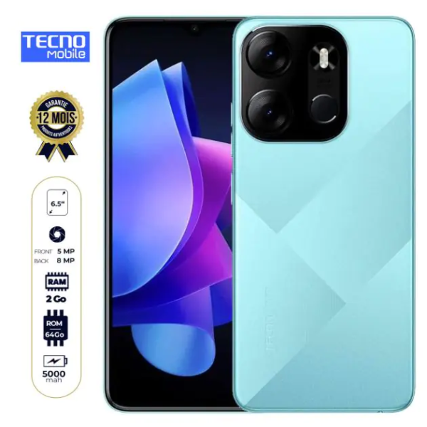 Tecno Pop 7 - (BF6) - 6.5" - 2 SIM - 64Go ROM - 2Go RAM ( 2Go EXTENSIBLE) - 8+5MP/5MP - 5000 mAh - Garantie 12 Mois