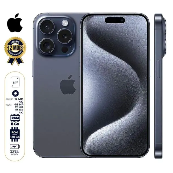 iPhone 15 Pro - 128Go/256Go/512Go - 8Go - 6,1" - Apple A17 Pro - Nano SIM physique et e-sim - 48 MP+12MP+12MP/12MP - 3274mAh - Garantie 12 mois (Précommande livraison à partir du 7 Octobre)